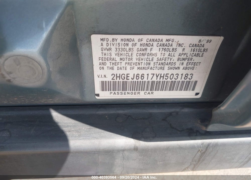 2000 HONDA CIVIC VALUE PACKAGE VIN: 2HGEJ6617YH503183