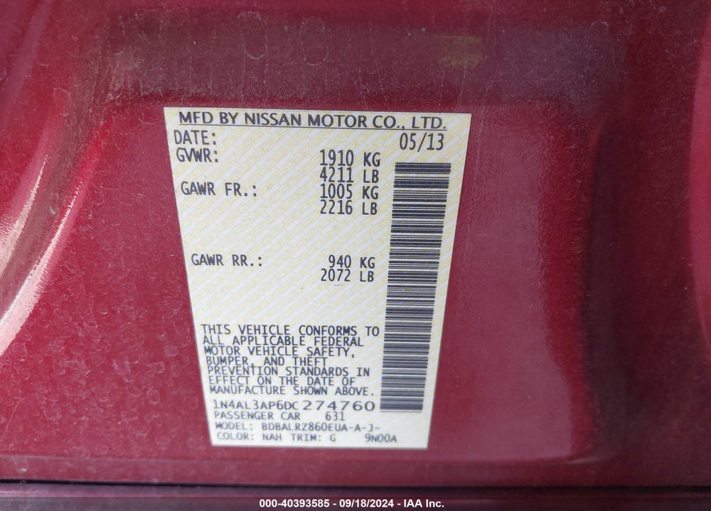 2013 NISSAN ALTIMA VIN: 1N4AL3AP6DC274760