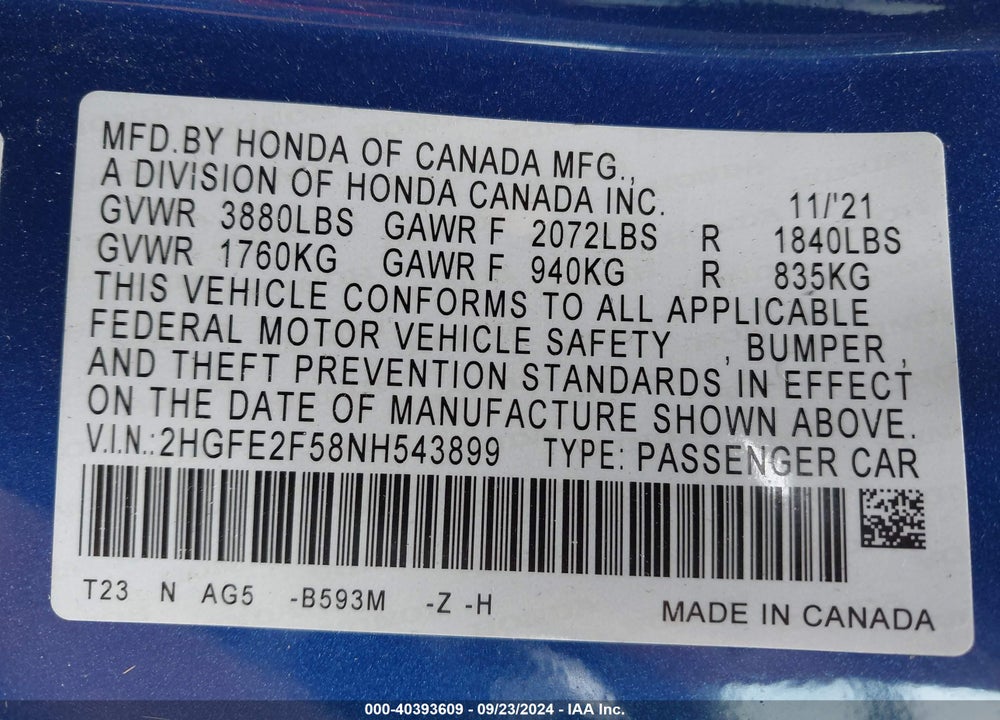 2022 HONDA CIVIC SPORT VIN: 2HGFE2F58NH543899