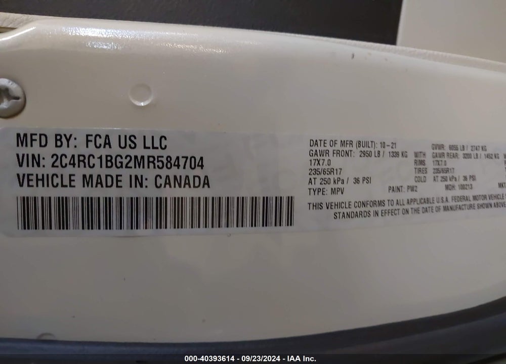2021 CHRYSLER PACIFICA VIN: 2C4RC1BG2MR584704