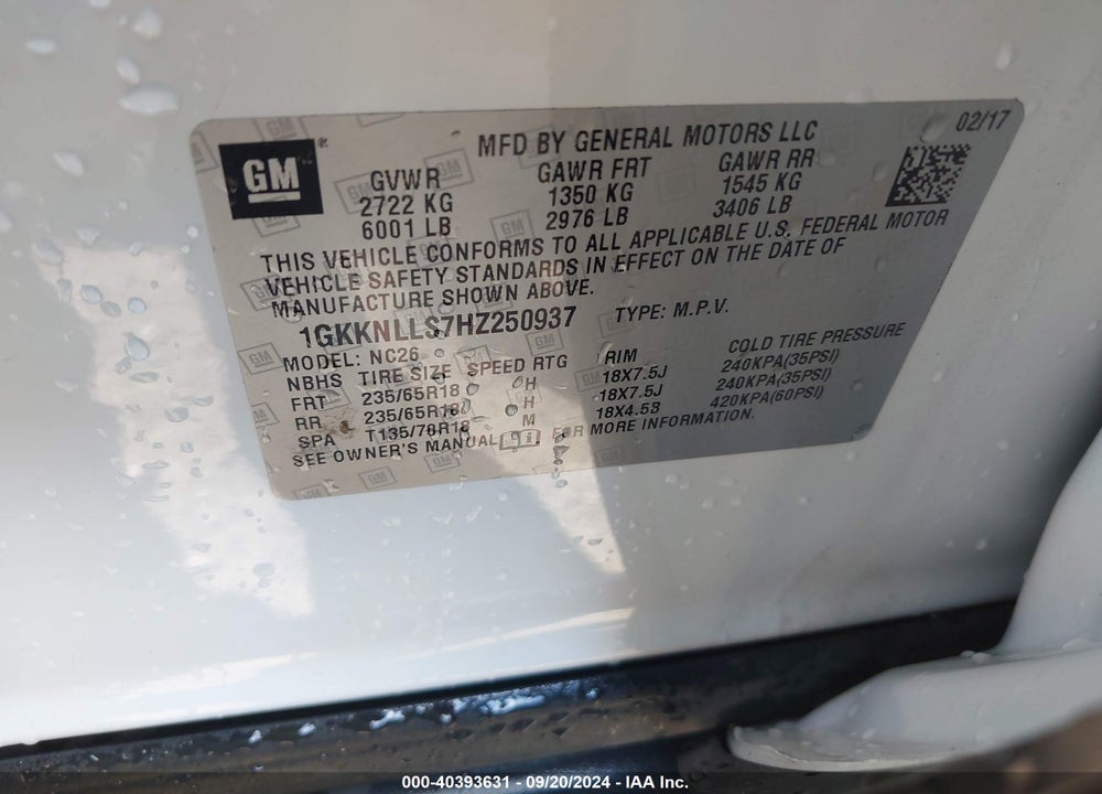 2017 GMC ACADIA SLE-2 VIN: 1GKKNLLS7HZ250937