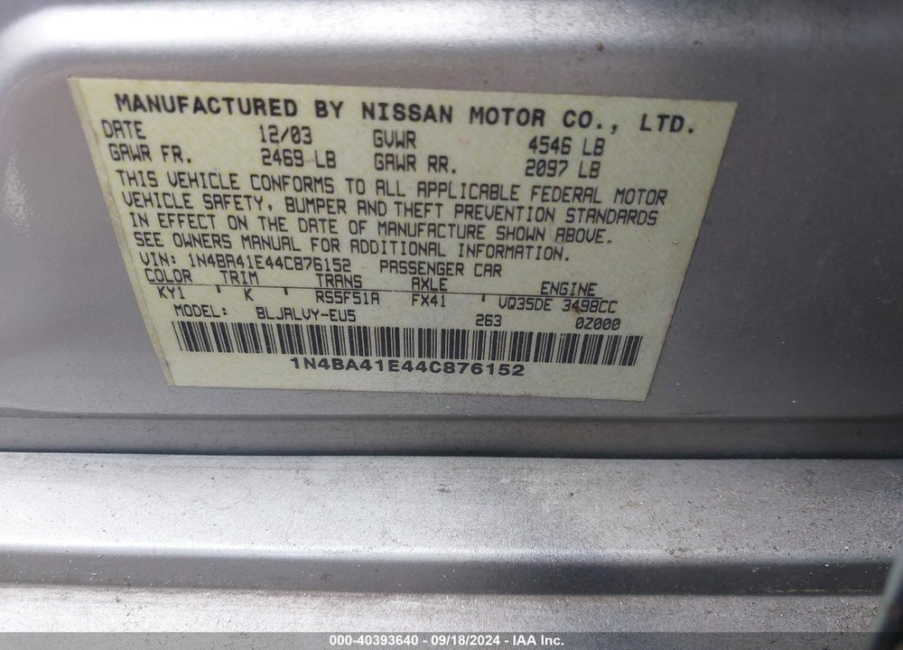 2004 NISSAN MAXIMA 3.5 SE VIN: 1N4BA41E44C876152