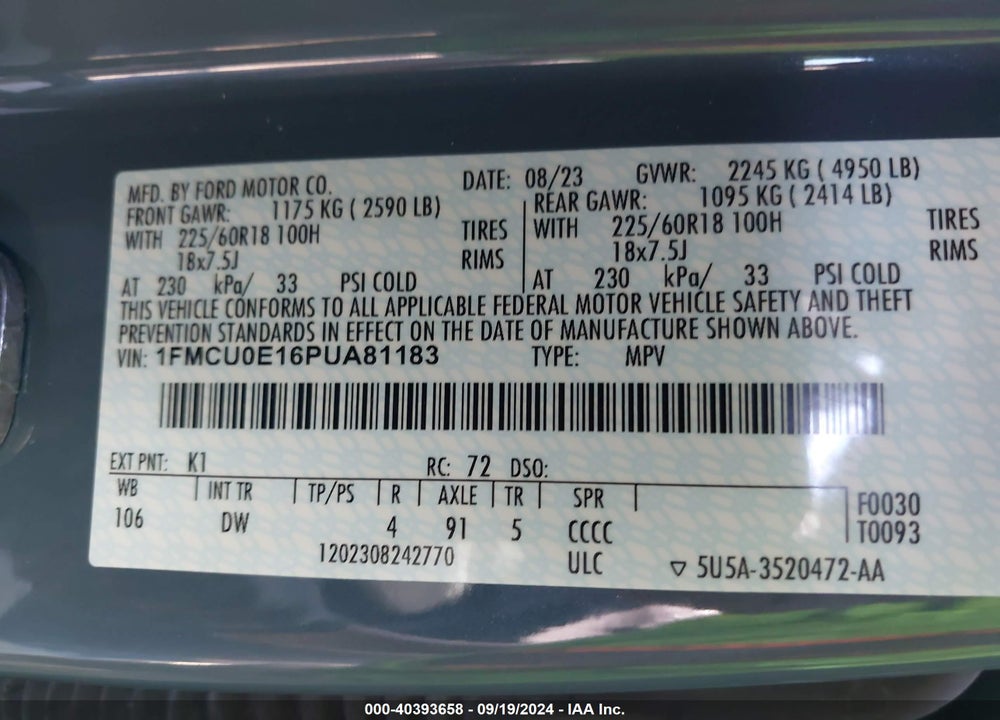 2023 FORD ESCAPE PHEV VIN: 1FMCU0E16PUA81183
