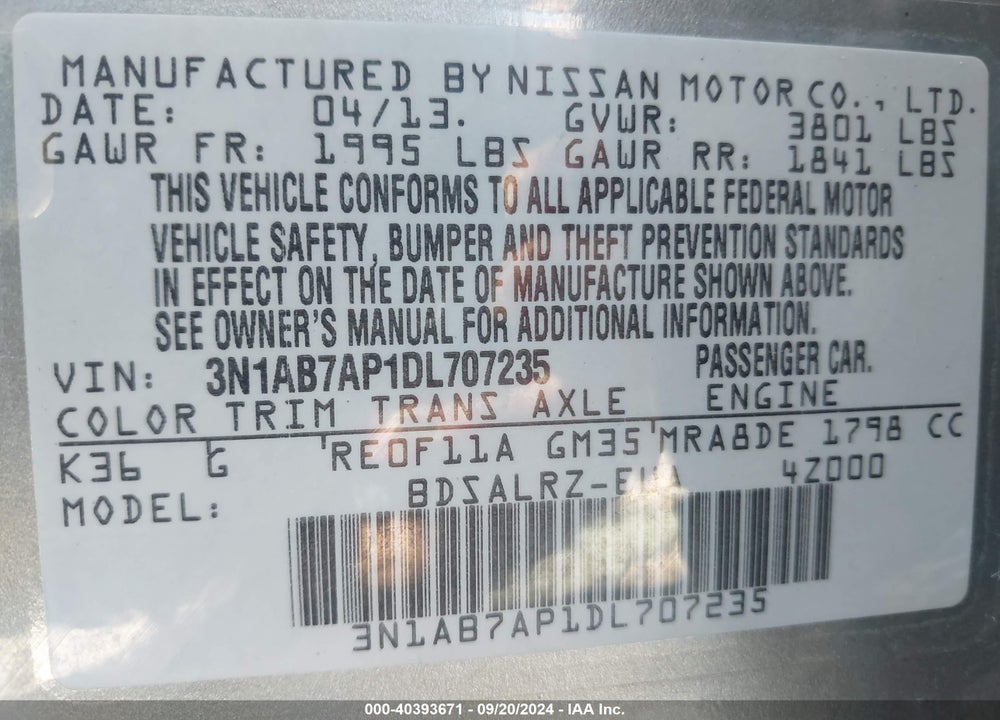 2013 NISSAN SENTRA SR VIN: 3N1AB7AP1DL707235