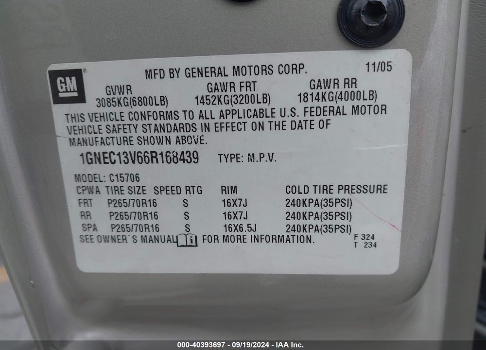 2006 CHEVROLET TAHOE LS VIN: 1GNEC13V66R168439