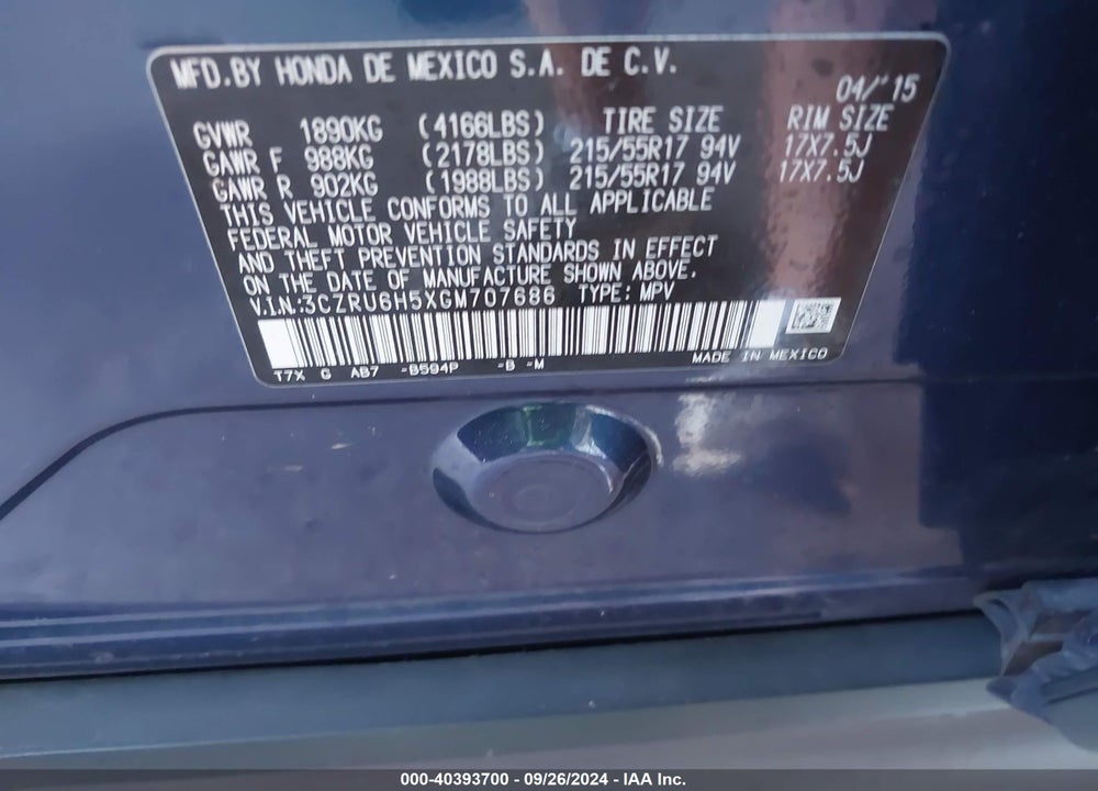 2016 HONDA HR-V EX VIN: 3CZRU6H5XGM707686