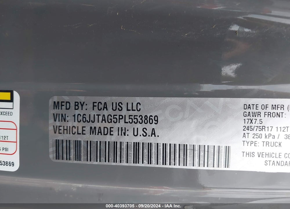 2023 JEEP GLADIATOR VIN: 1C6JJTAG5PL553869
