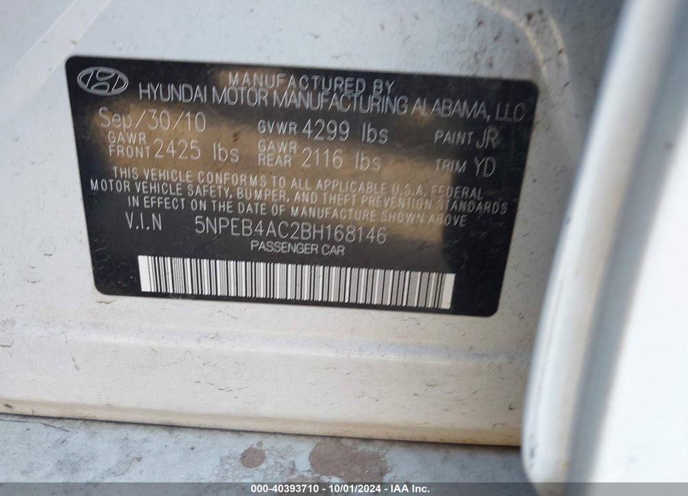 2011 HYUNDAI SONATA GLS VIN: 5NPEB4AC2BH168146