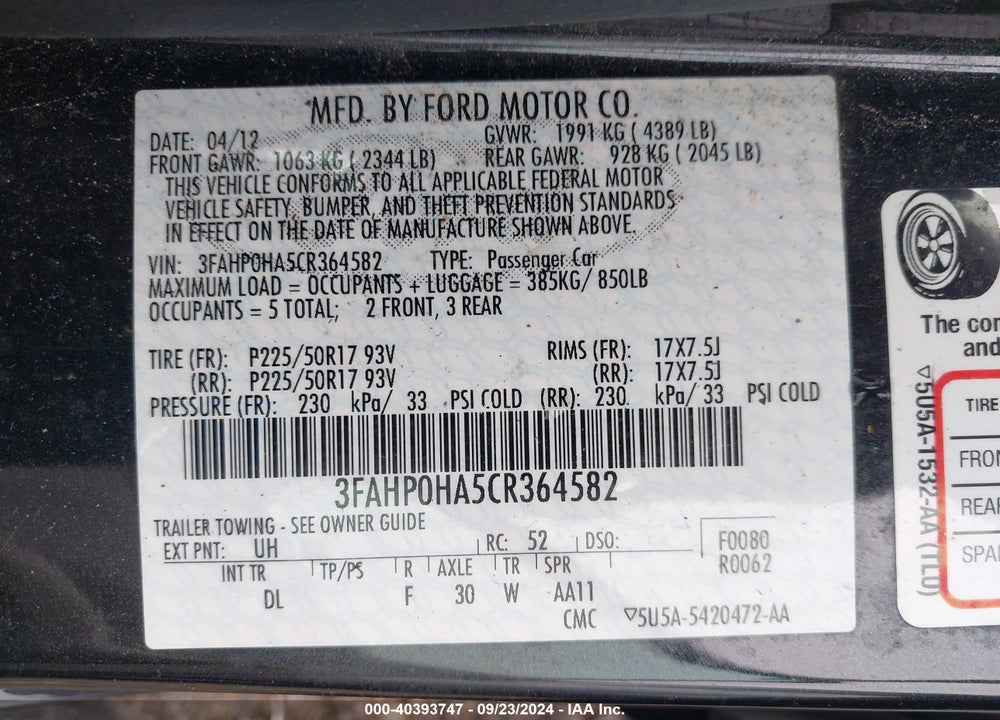 2012 FORD FUSION SE VIN: 3FAHP0HA5CR364582