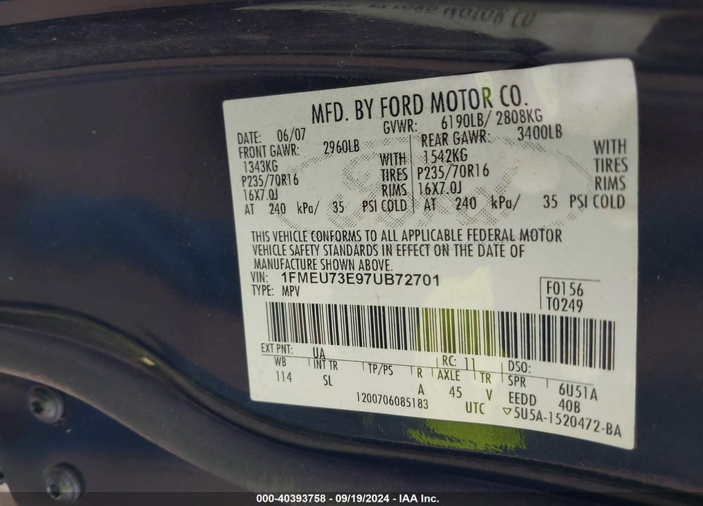 2007 FORD EXPLORER XLT VIN: 1FMEU73E97UB72701
