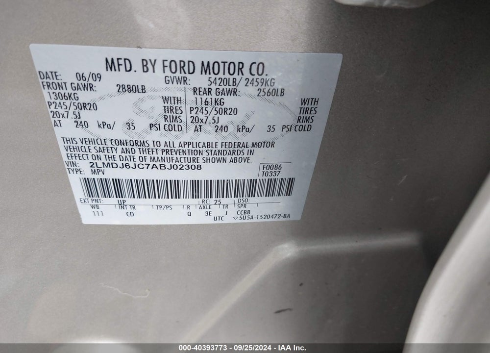 2010 LINCOLN MKX VIN: 2LMDJ6JC7ABJ02308