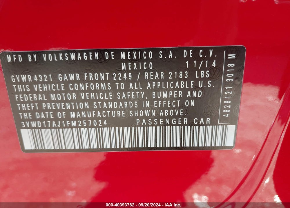 2015 VOLKSWAGEN JETTA 1.8T SE VIN: 3VWD17AJ1FM257024