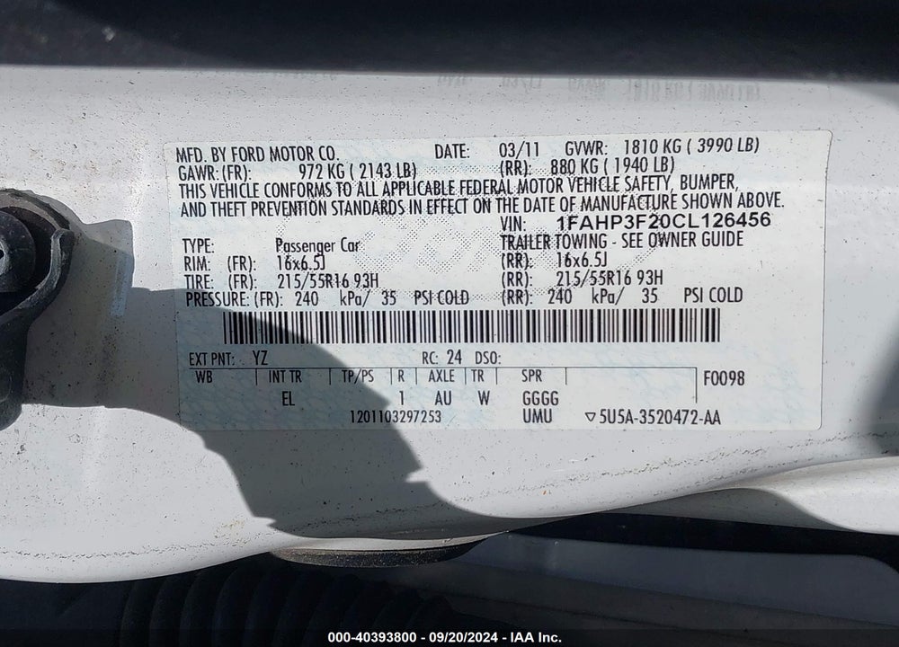 2012 FORD FOCUS SE VIN: 1FAHP3F20CL126456