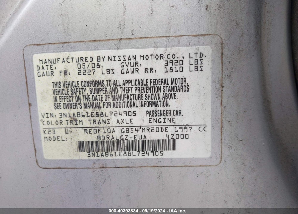 2008 NISSAN SENTRA 2.0SL VIN: 3N1AB61E88L724905