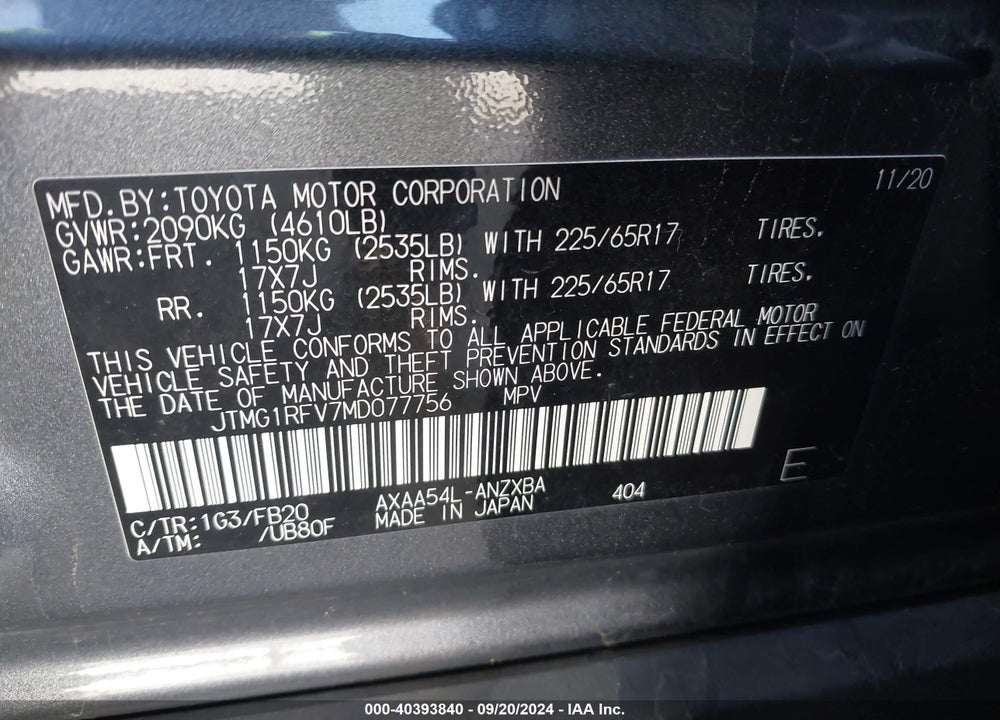 2021 TOYOTA RAV4 LE VIN: JTMG1RFV7MD077756