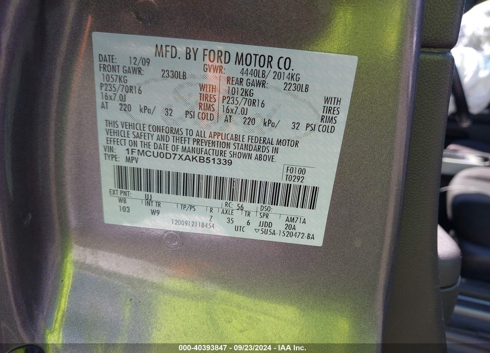 2010 FORD ESCAPE XLT VIN: 1FMCU0D7XAKB51339