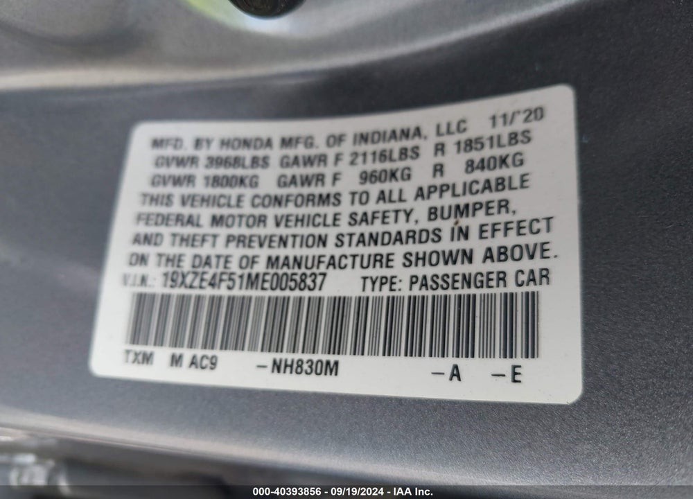 2021 HONDA INSIGHT EX VIN: 19XZE4F51ME005837
