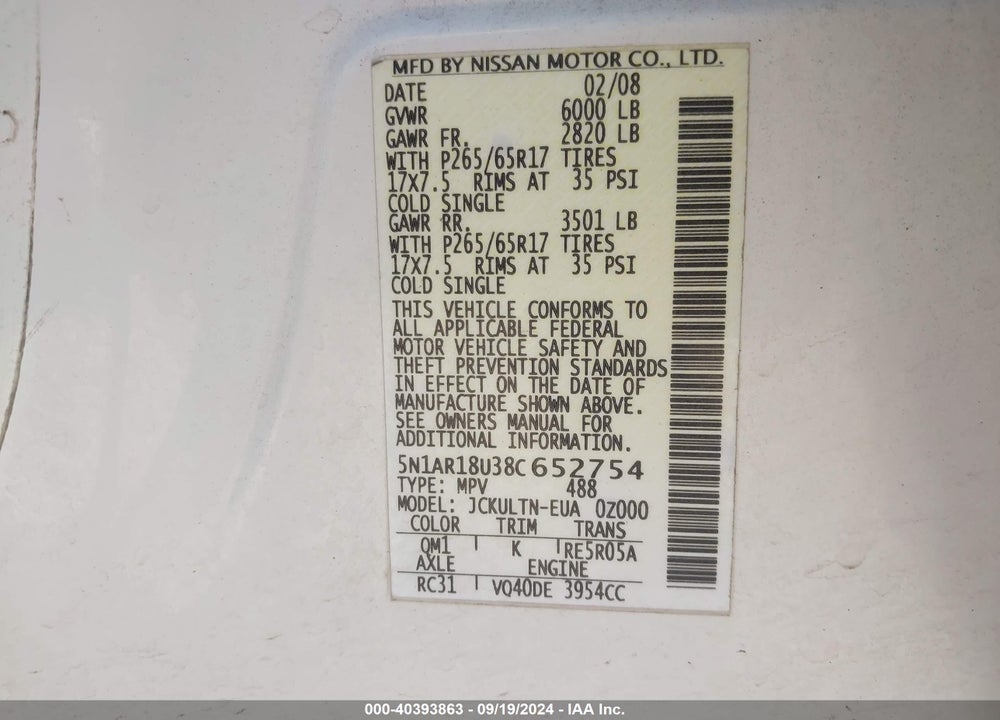 2008 NISSAN PATHFINDER SE VIN: 5N1AR18U38C652754