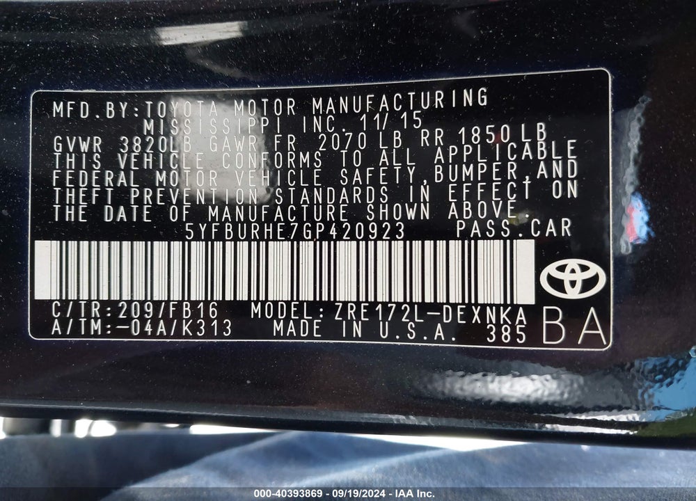 2016 TOYOTA COROLLA LE VIN: 5YFBURHE7GP420923