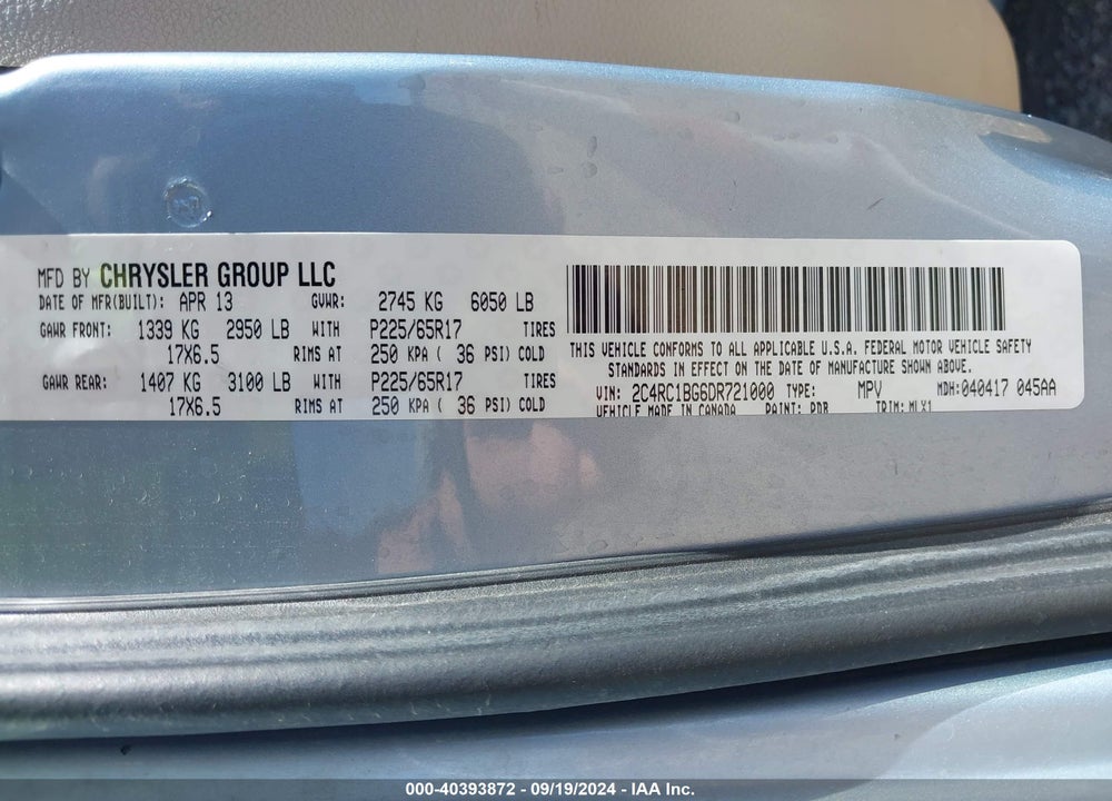2013 CHRYSLER TOWN & COUNTRY TOURING VIN: 2C4RC1BG6DR721000