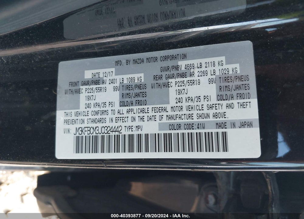 2018 MAZDA CX-5 TOURING VIN: JM3KFBCM3J0324442