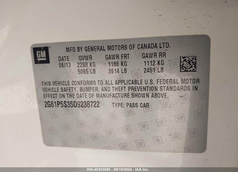 2013 CADILLAC XTS LUXURY VIN: 2G61P5S35D9238722