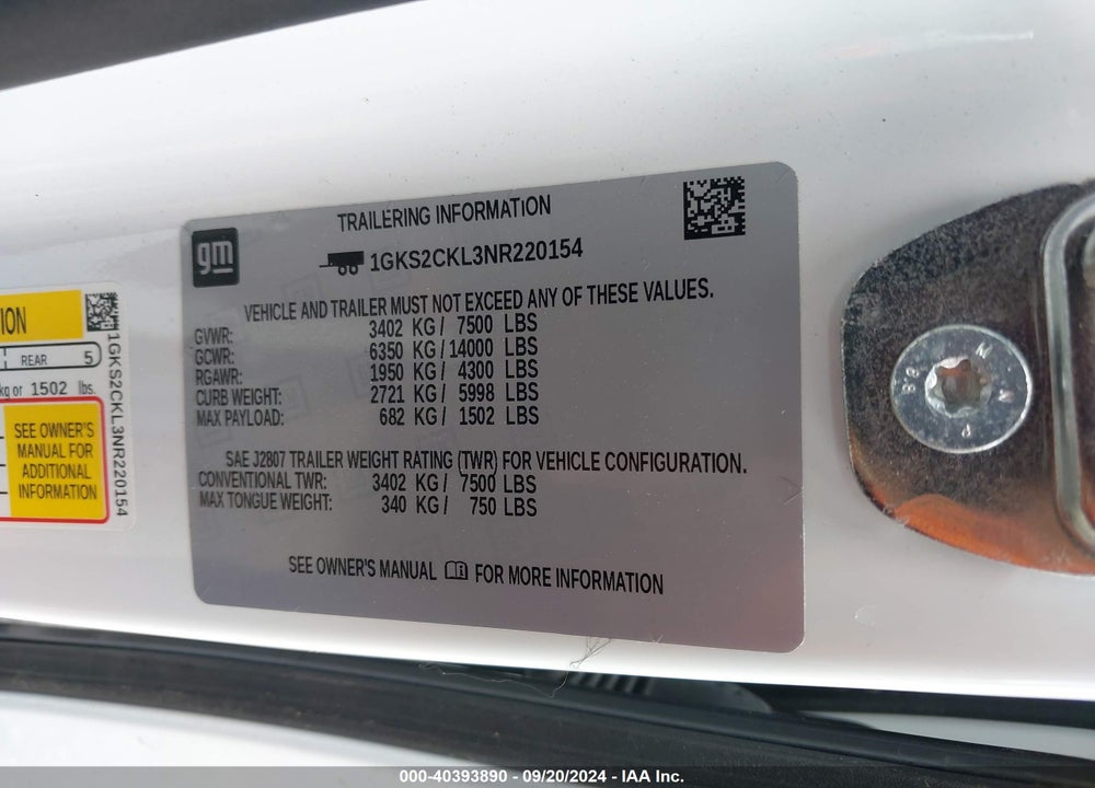 2022 GMC YUKON 4WD AT4 VIN: 1GKS2CKL3NR220154