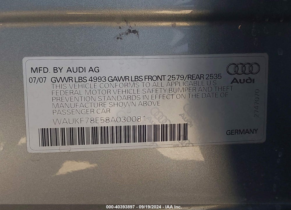 2008 AUDI A4 2.0T/2.0T AVANT SPECIAL EDITION VIN: WAUKF78E58A030081