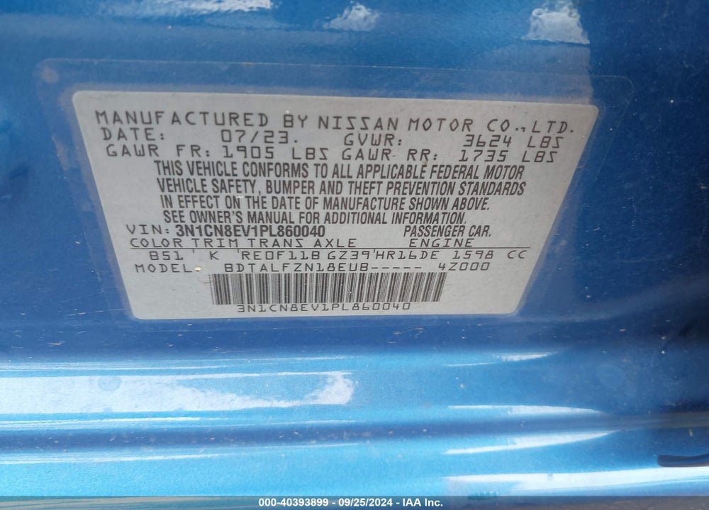 2023 NISSAN VERSA 1.6 SV XTRONIC CVT VIN: 3N1CN8EV1PL860040
