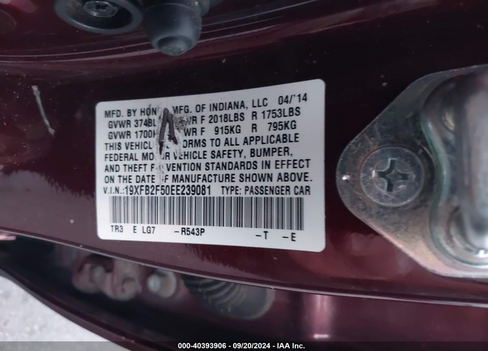 2014 HONDA CIVIC LX VIN: 19XFB2F50EE239081