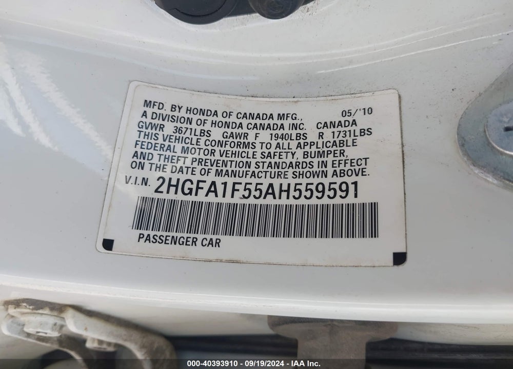 2010 HONDA CIVIC LX VIN: 2HGFA1F55AH559591