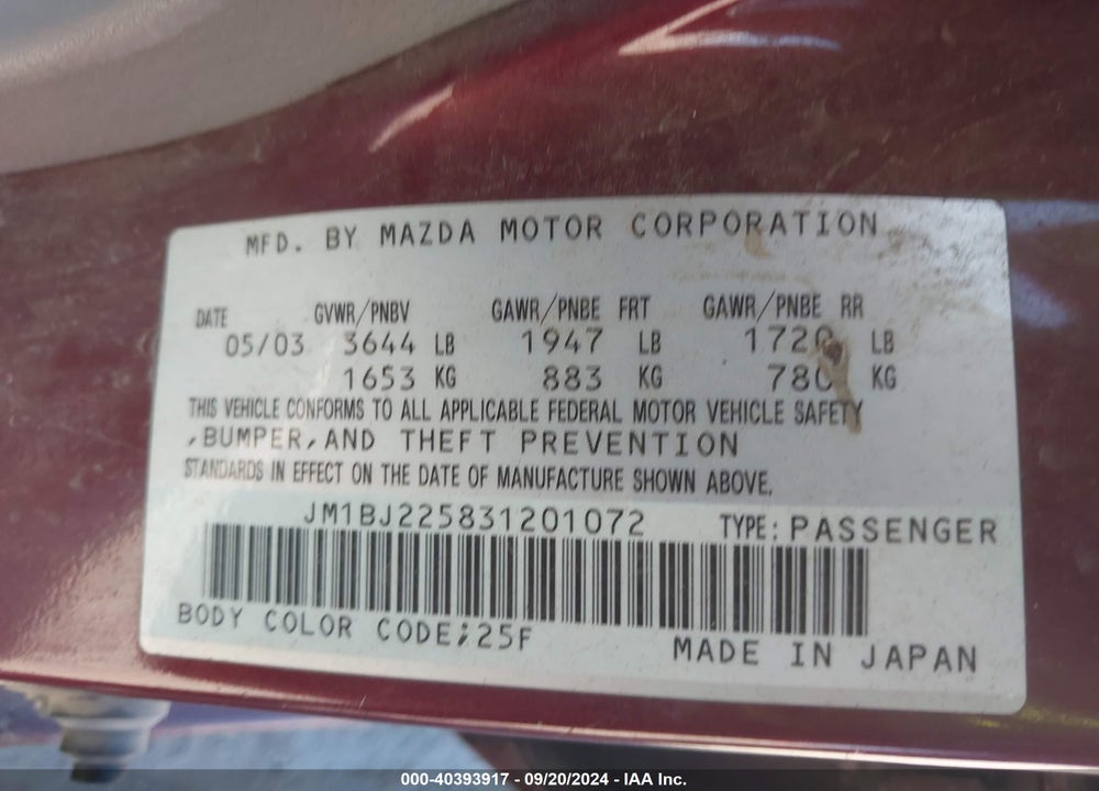 2003 MAZDA PROTEGE DX/ES/LX VIN: JM1BJ225831201072