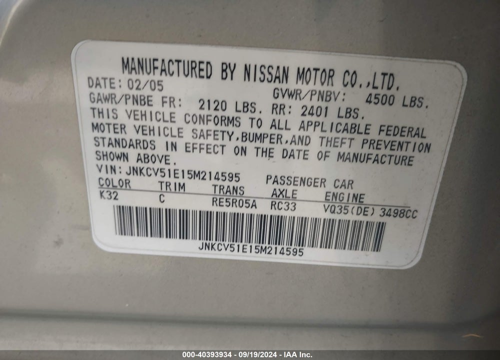 2005 INFINITI G35 VIN: JNKCV51E15M214595