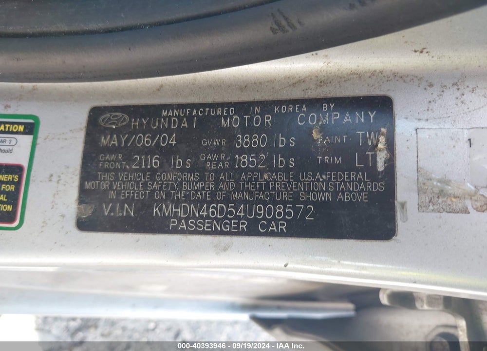 2004 HYUNDAI ELANTRA GLS/GT VIN: KMHDN46D54U908572