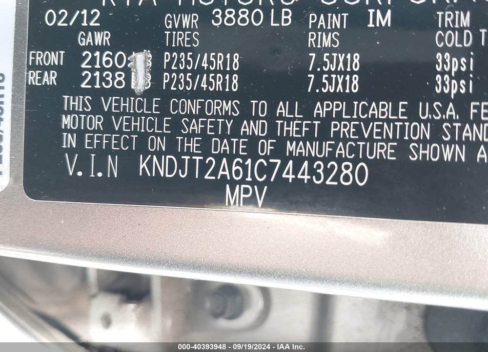 2012 KIA SOUL VIN: KNDJT2A61C7443280