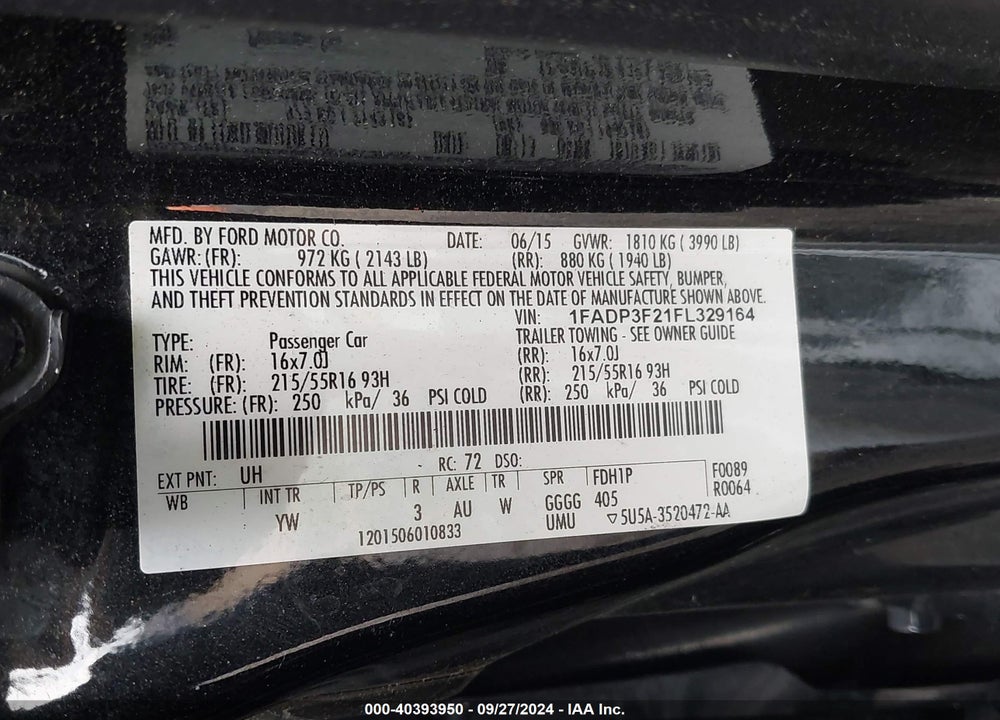 2015 FORD FOCUS SE VIN: 1FADP3F21FL329164