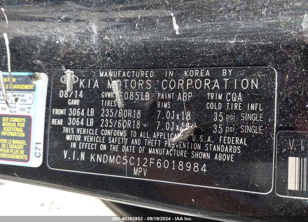 2015 KIA SEDONA SX VIN: KNDMC5C12F6018984