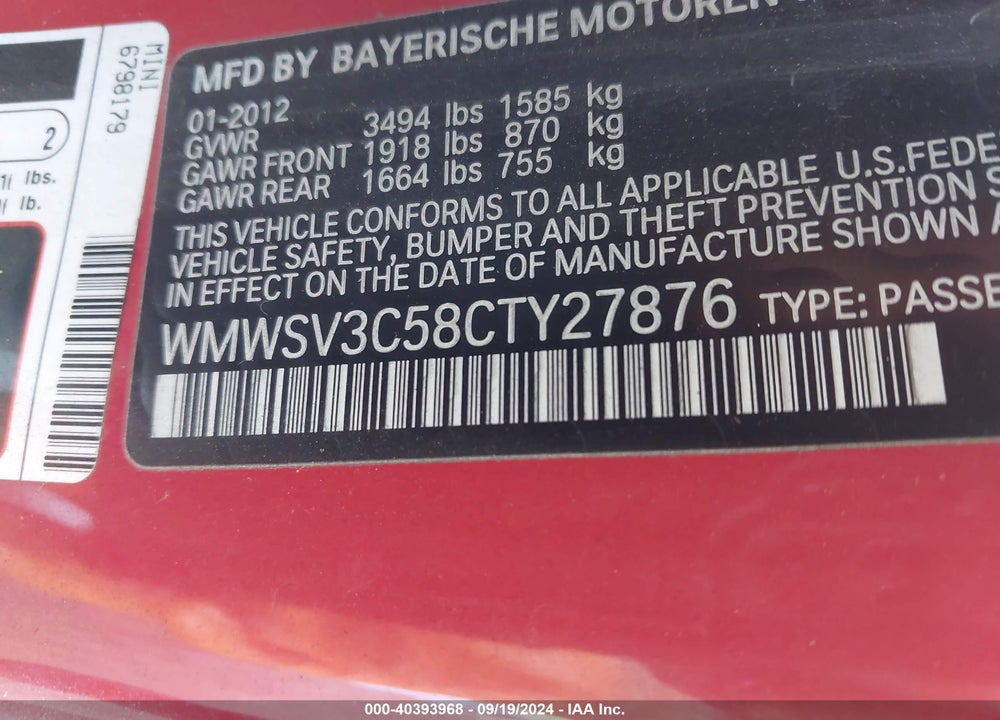 2012 MINI COOPER S VIN: WMWSV3C58CTY27876