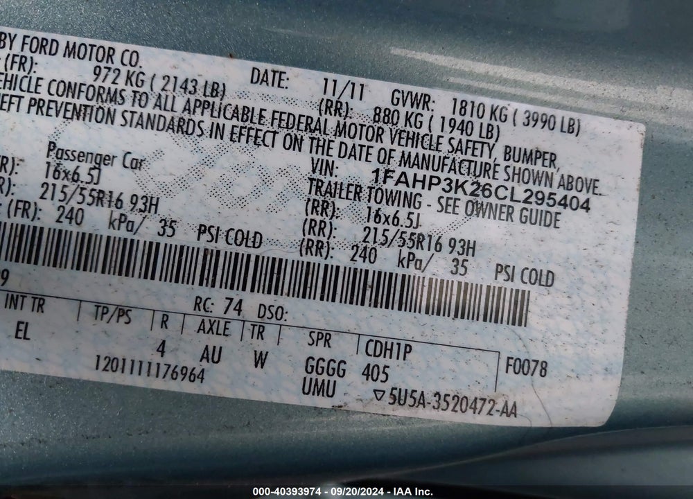 2012 FORD FOCUS SE VIN: 1FAHP3K26CL295404