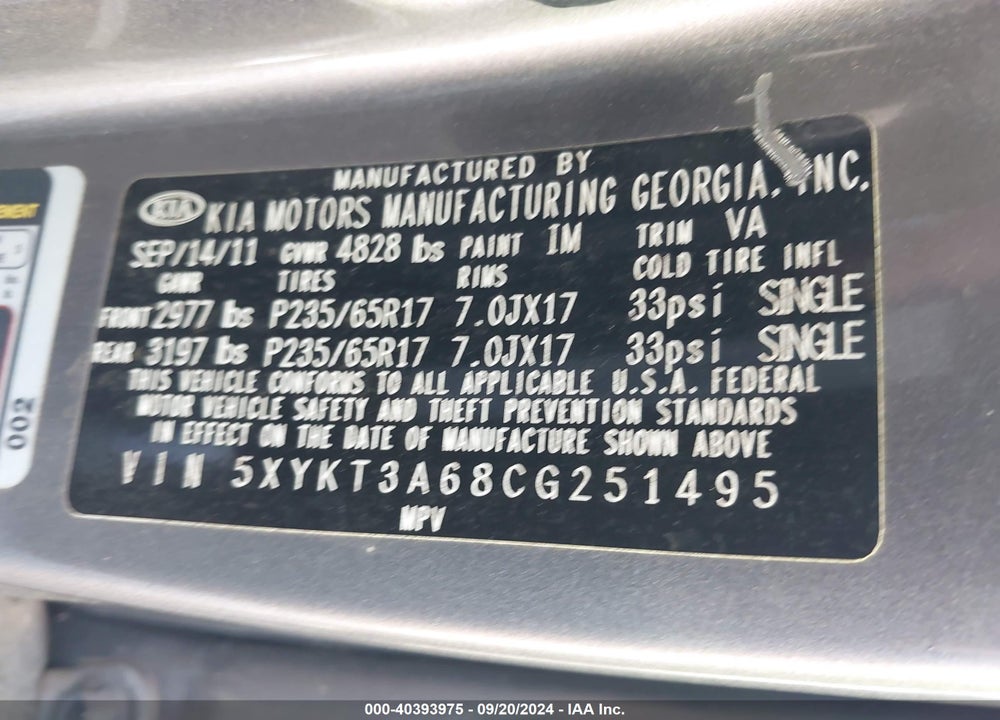2012 KIA SORENTO LX VIN: 5XYKT3A68CG251495