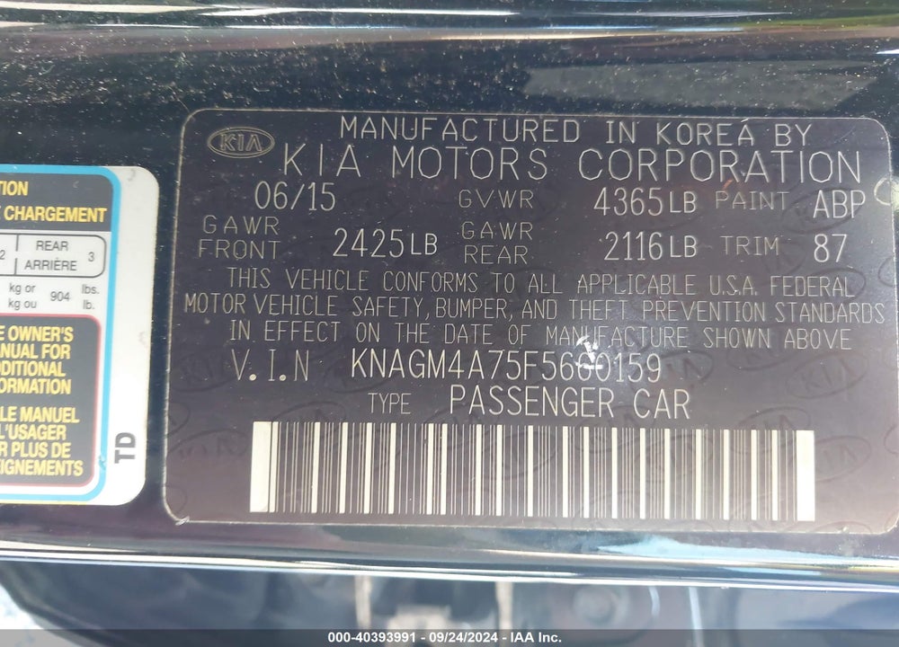 2015 KIA OPTIMA LX VIN: KNAGM4A75F5660159