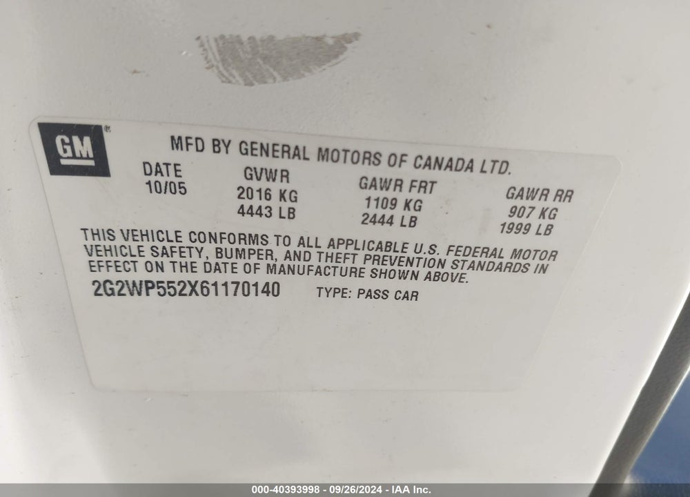 2006 PONTIAC GRAND PRIX VIN: 2G2WP552X61170140