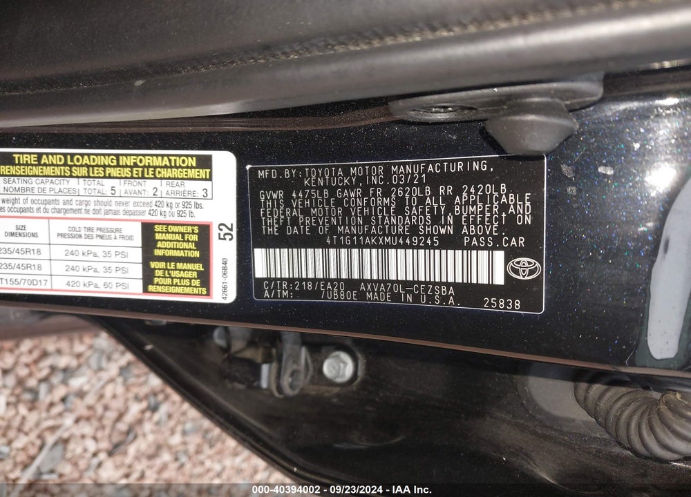 2021 TOYOTA CAMRY SE VIN: 4T1G11AKXMU449245