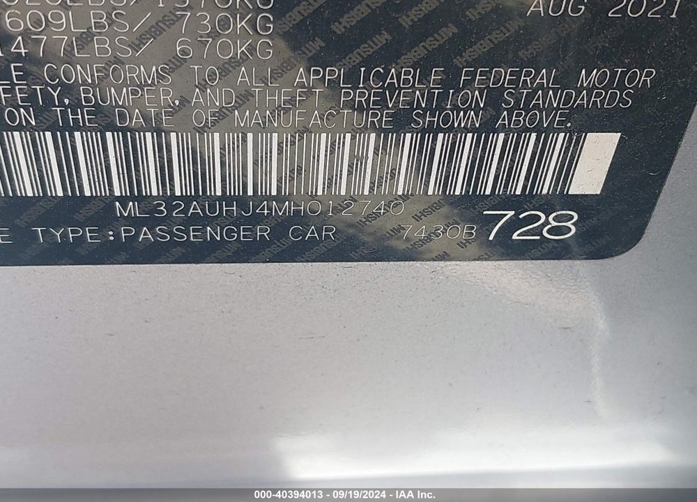 2021 MITSUBISHI MIRAGE CARBONITE EDITION/ES/LE VIN: ML32AUHJ4MH012740