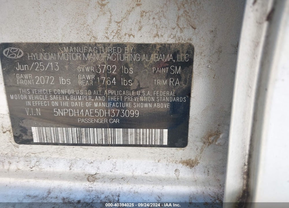 2013 HYUNDAI ELANTRA GLS VIN: 5NPDH4AE5DH373099