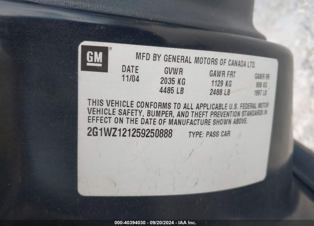 2005 CHEVROLET MONTE CARLO SUPERCHARGED SS VIN: 2G1WZ121259250888