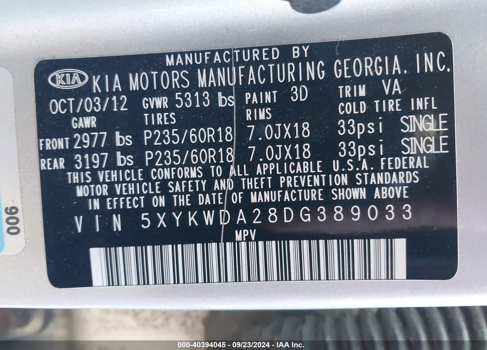 2013 KIA SORENTO SX V6 VIN: 5XYKWDA28DG389033