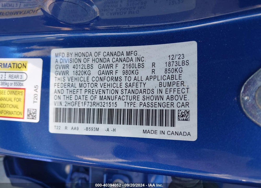 2024 HONDA CIVIC EX VIN: 2HGFE1F73RH321515