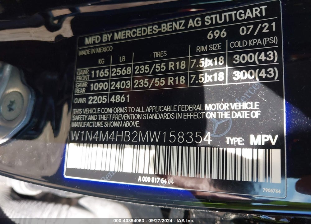 2021 MERCEDES-BENZ GLB 250 4MATIC VIN: W1N4M4HB2MW158354