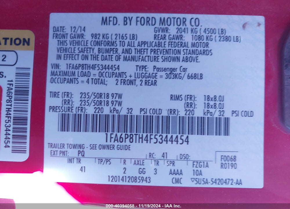 2015 FORD MUSTANG ECOBOOST VIN: 1FA6P8TH4F5344454